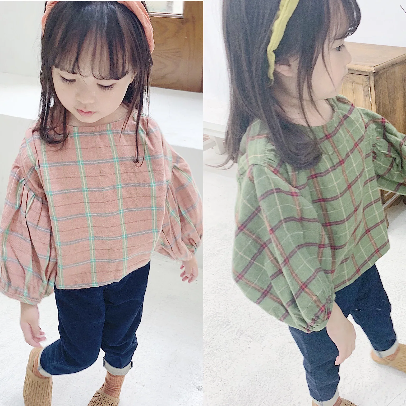 

Korean style cute girls fashion plaid blouse kids pure cotton puff sleeve loose blouses 1-5Y