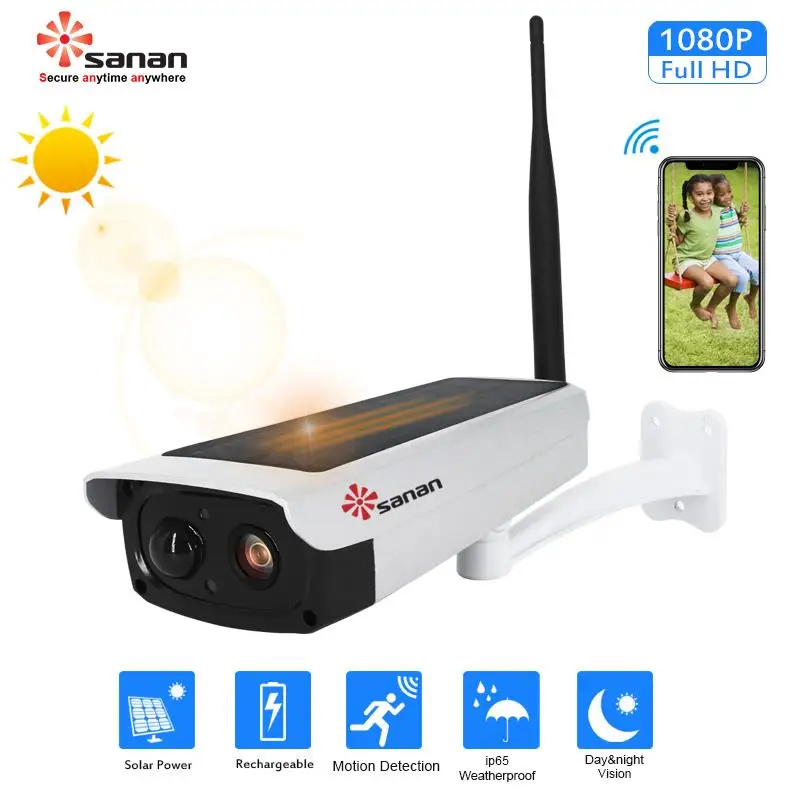 

SANAN Outdoor Waterproof Surveillance Camera 1080P Solar Security Camera Night Vision Wireless IP Camera Wifi Camera PIR Alarm
