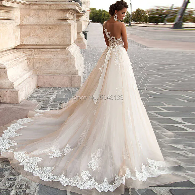 bridal gowns Transparent Scoop Champagne Wedding Dresses with Detachable Beading Sash Lace Applique Sleeveless Backless Bridal Gowns 2021 beach wedding dresses