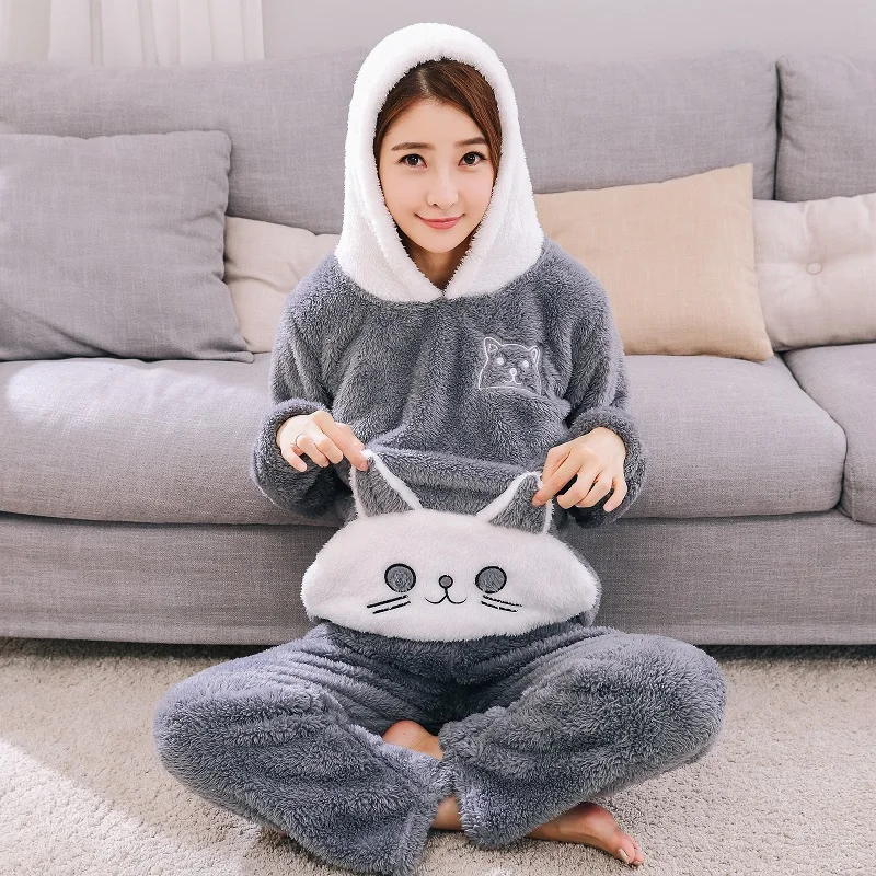 2019 Flannel Couples Plush Pajamas Set Winter Thicker Hooded Men Pyjama Set Long Pants Cat Animal Cartoon Printed Pijamas hombre 2019 Flannel Couples Plush Pajamas Set Winter Thicker Hooded Men Pyjama Set Long Pants Cat Animal Cartoon Printed Pijamas hombre