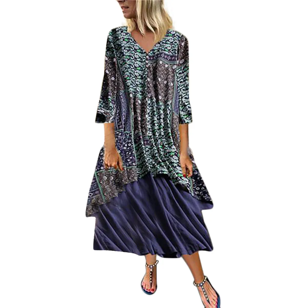 

Women Vintage Floral Print Beach Dress O-Neck Patchwork Dress Long Sleeve Long Dress Loose Comfortable Feminino Vestido #DN