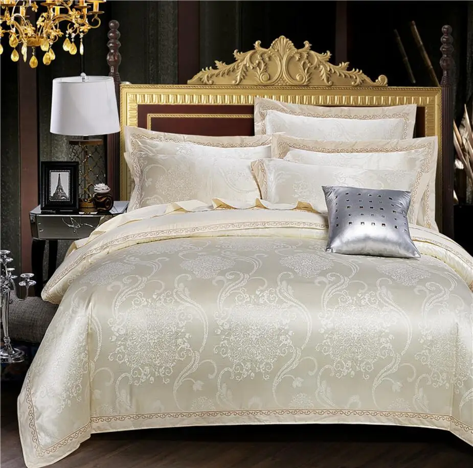 Beige Gold White Jacquard Bed cover Tencel Cotton Bedding set Luxury Embroidered Satin Quilt