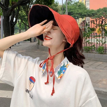 

HT2494 Two Sides Can Wear Wide Brim Sun Hats Women Spring Summer Cotton Linen Visor Cap Ladies Breathable Anti-UV Sun Visor Hat