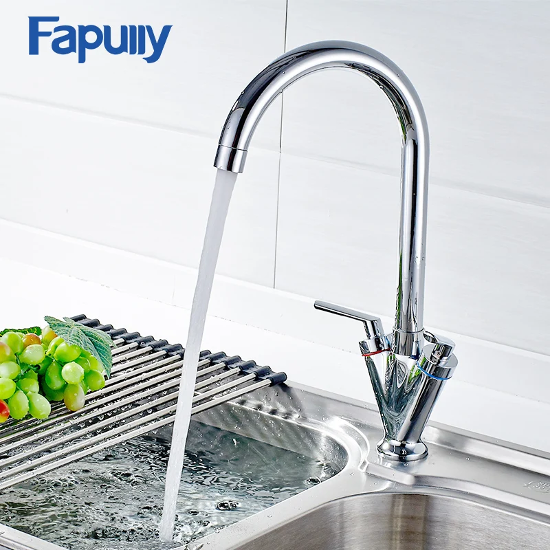 Fapully Kitchen Sink Tap Deck Mounted Dual Handle Chrome Mixer Tap 360 Degree Rotating Swivel Cold