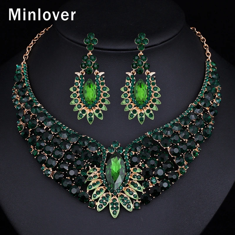 Minlover Luxury Green Color Crystal Jewelry Sets for Women Statement