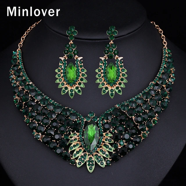 Minlover Luxury Green Color Crystal Jewelry Sets for Women Statement