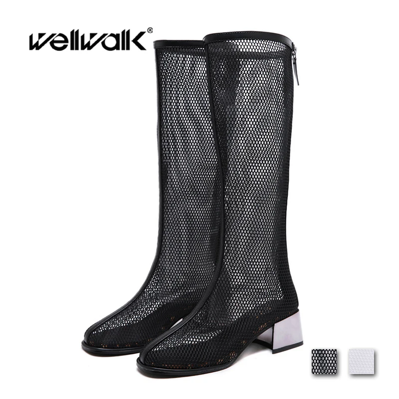 

Sexy Knee High Boots Women Summer Shoes Metal Chunky Heels Hollow Back Zip Ladies Fashion Night Club Party Booties Female New