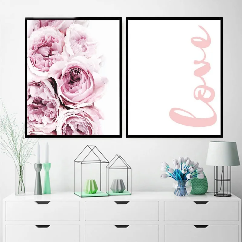 

Painting Abstract Pink Flower Wall Decor Canvas Painting Love Quote Posters Scandinavian Style Nordic Prints For Girls Room