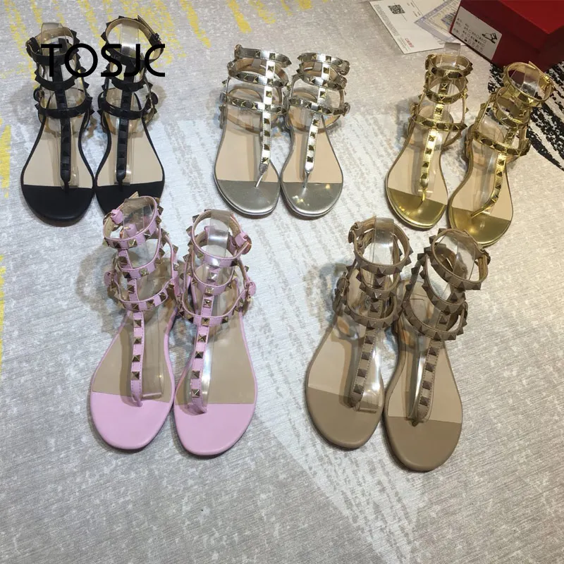 silvery Mode Flachen 19 Willow Römischen Sommer golden Neue Frauen Echtes Freizeit Nagel Leder Flache Sandalen Kappe Boden Und Black pink rqHYqwZgB