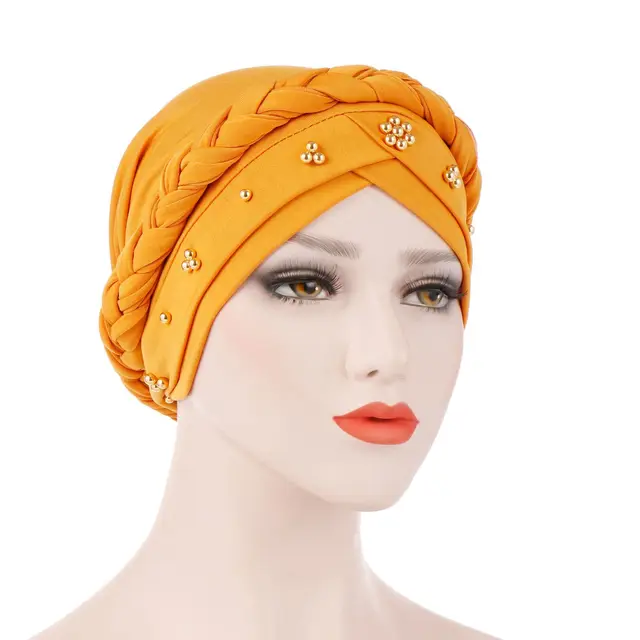 Women Beaded Braid Turban Muslim Elegant Cap Elastic Bandanas Hair Loss
