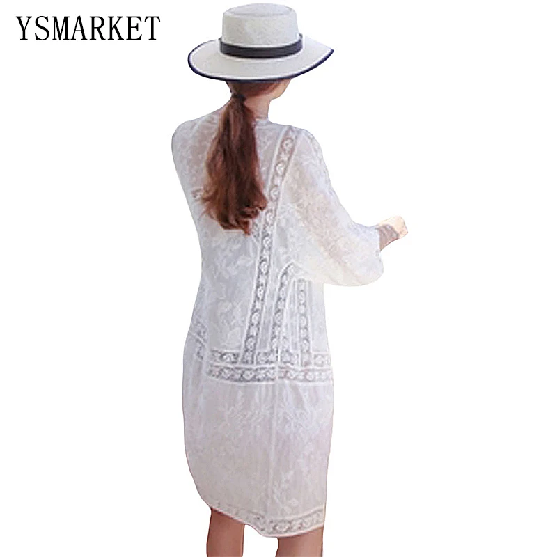 Summer New Sexy Long Sleeves Tunic Beach Wear Off White Open Front Lace