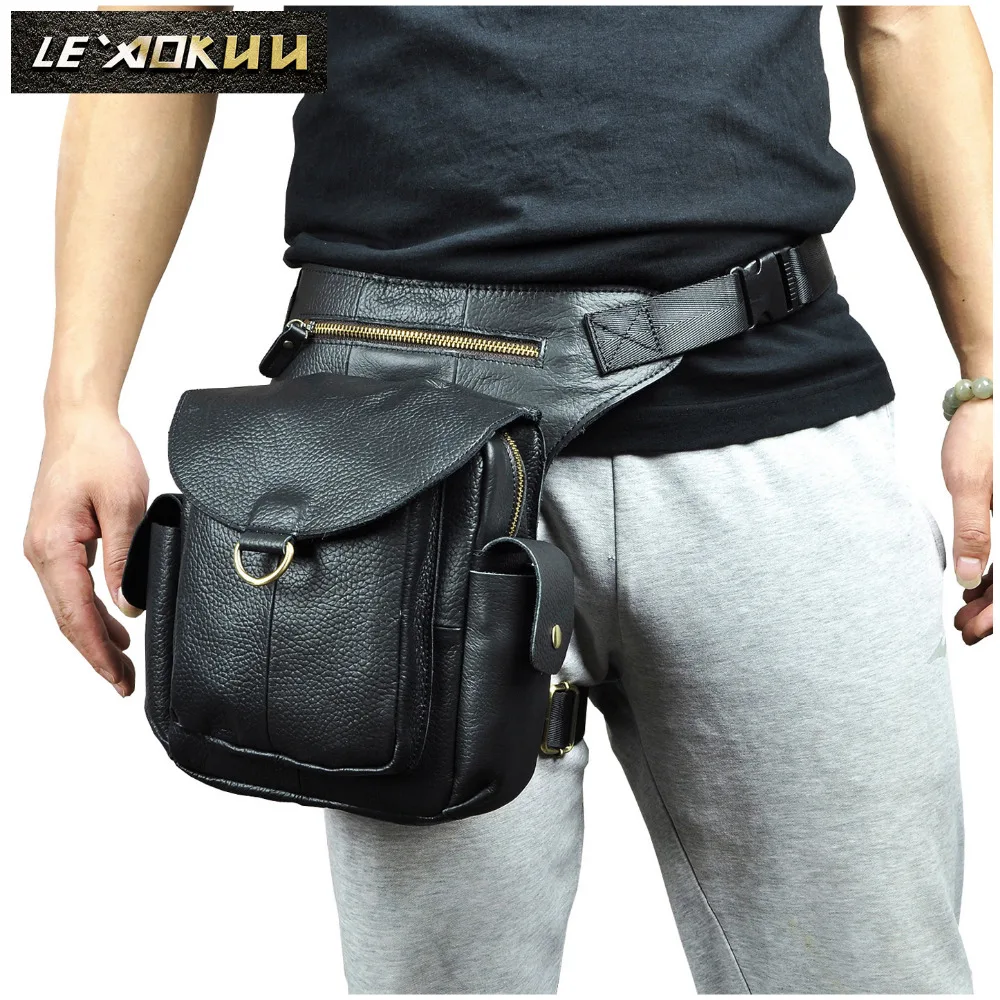 

Genuine Leather Design Men Multi Function Messenger Bag Black Fashion Travel Fanny Waist Belt Pack Drop Leg Bag Male 9938b