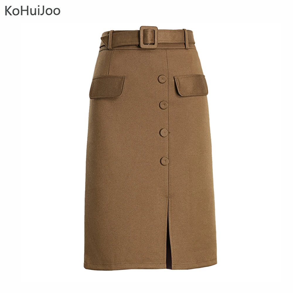 

KoHuiJoo M-4XL Autumn Winter Woolen Skirts Women Elegant Single Breasted Plus Size Wool Skirts Office Ladies Work Pencil Skirt