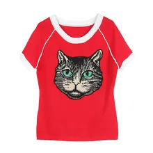 GRUIICEEN весенние туфли женские с коротким рукавом Футболка трикотажные вышивка cat г. фирменный дизайн Топ Футболка