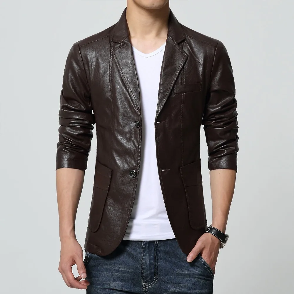 Высококачественная Мужская куртка Тонкий кожаный повседневный Блейзер мотоциклетные кожаные куртки с длинными рукавами с двумя кнопками для мужчин 6XL