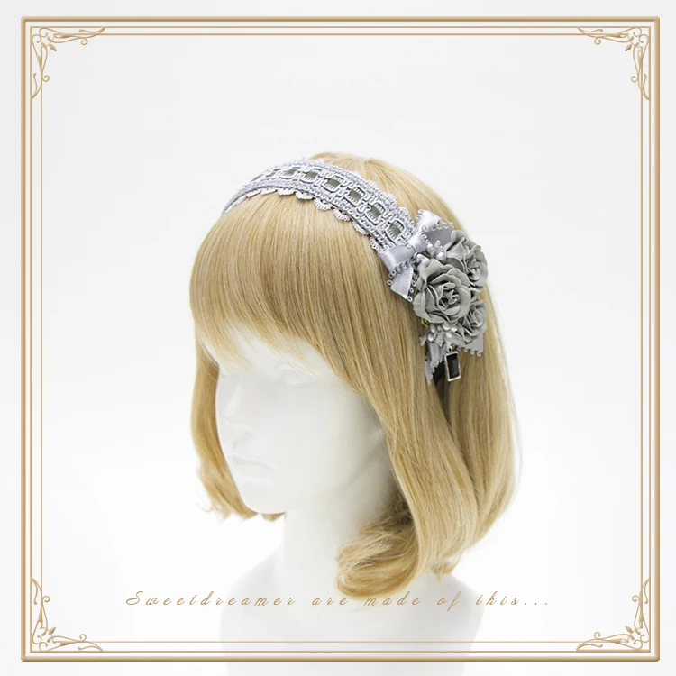 

Winter Rose Handmade Vintage Flower+Bows Trim Hairband KC Elegant Lolita Sweet Daily Headband Headwear Gray Joker