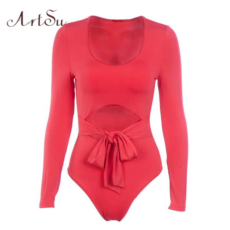 ArtSu Autumn Women Lace Up Sexy Long Sleeve Bodysuit Bodycon Hollow Out Red Bodysuit Black