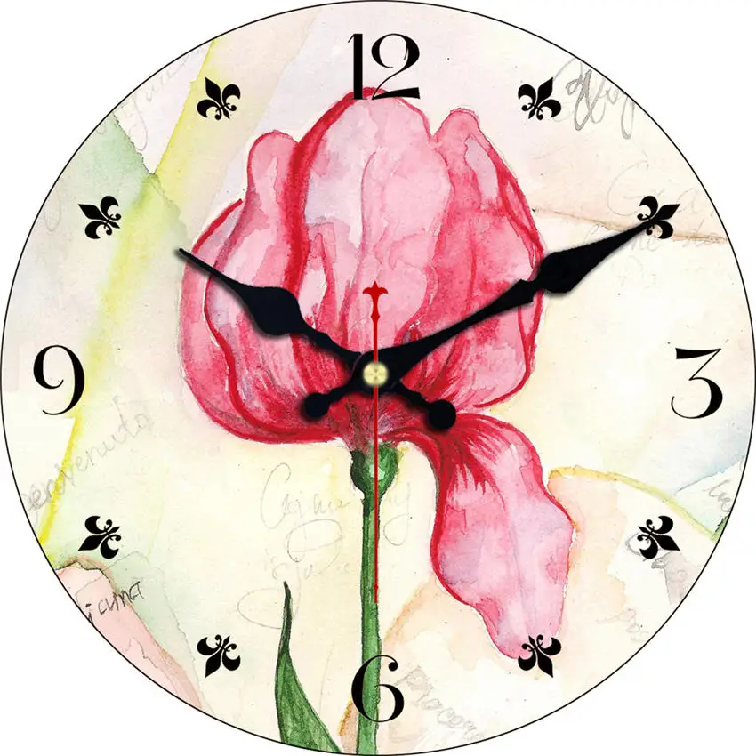 Настенные часы с подсолнухами, римские часы с деревянным каркасом, часы в средиземноморском стиле для домашнего декора, винтажные часы, не тикающий звук - Цвет: Flower Wall Clock 18