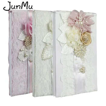 

3 Colors Artistic Fashion Wedding Signature Guest Book Colorful Satin Bows Lace Pearl Flowers for Bridal Ceremony Party Supplies