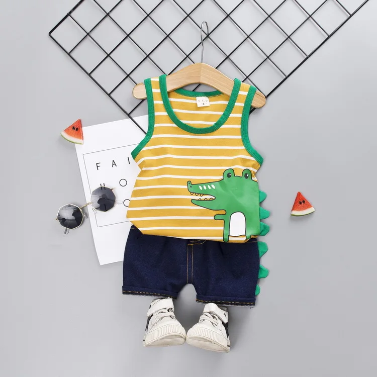 Toddler Boy Clothes Children's Summer New Cartoon Pullover Vest Shorts Two-piece Boy's Children's Sleeveless Vest Suit - Цвет: Бежевый