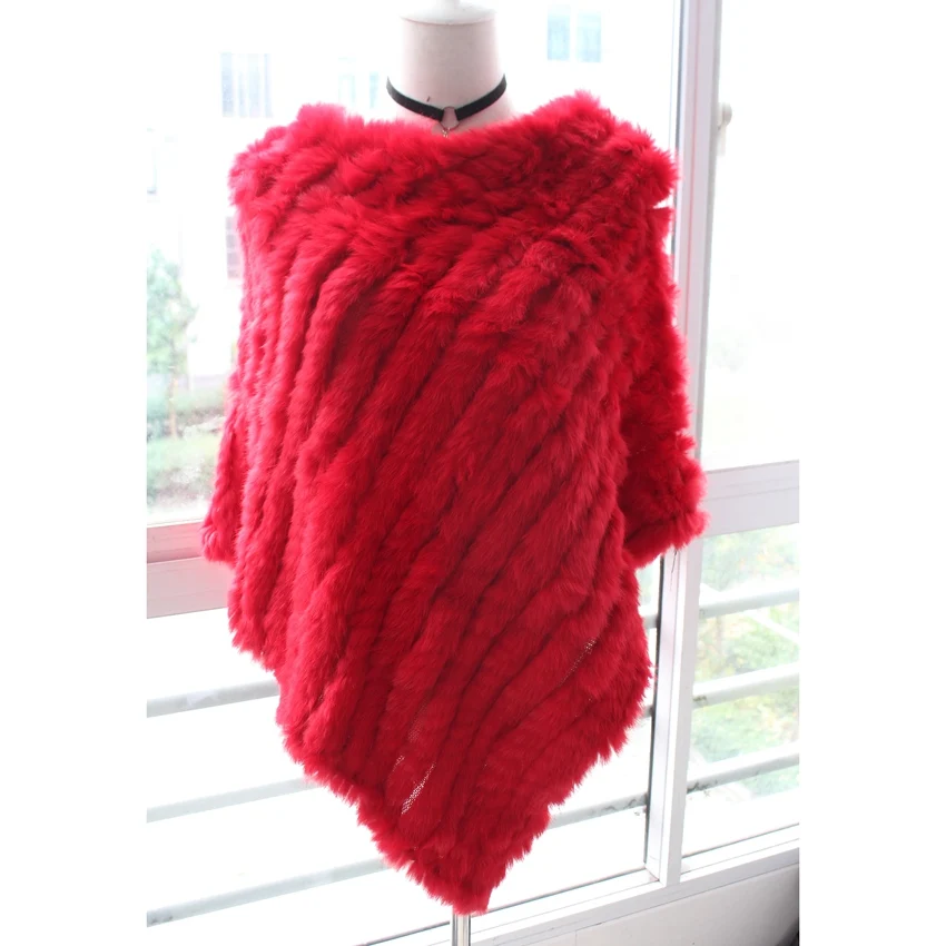 Женский модный пуловер, вязаный шарф из натурального кроличьего меха, пончо, накидка для женщин, весна-осень, натуральная кроличья меховая накидка, треугольная шаль, палантин - Цвет: red