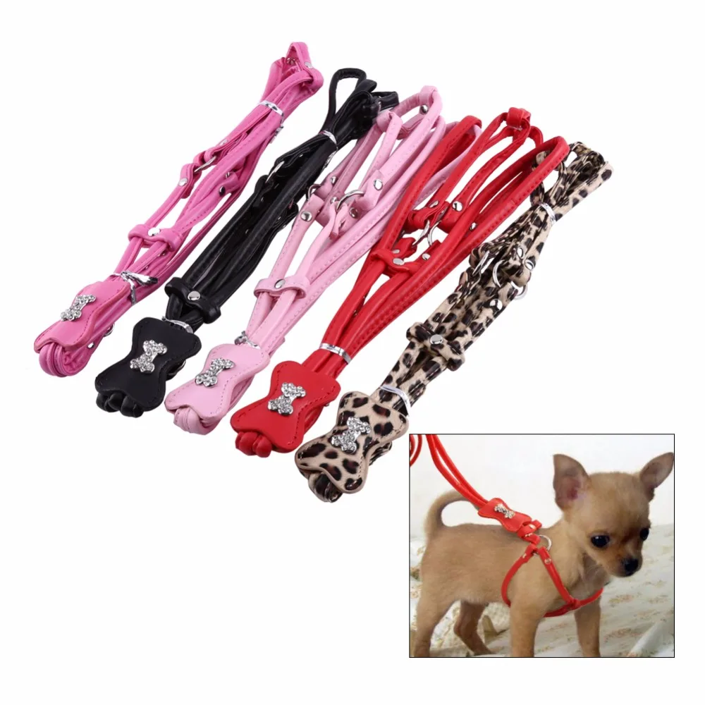

All Seasons Pet Puppy Dog Leashes Step-in Soft PU Leather Leash Lead Rope Leopard Harness Set Rhineston 5 Colors
