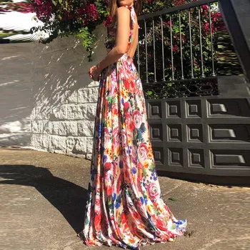 

2020 Hot Fashion Women Sexy V-Neck Foral Printed Backless Caims Sundress Party Maxi Dress S-XL Summer Dress Women Drop shipping