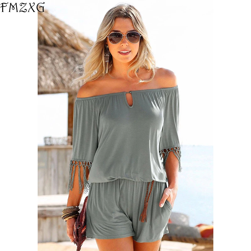 FMZXG Summer Spring Women Short Sleeve Playsuits Slash Veck Sexy Tassel