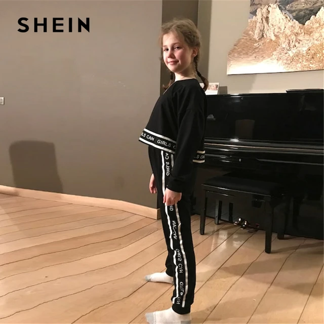 SHEIN Girls Lettering Trim Casual Pullover And Pants Set Kids Clothing 2019 Spring Active Wear Long Sleeve Girls Clothes 4