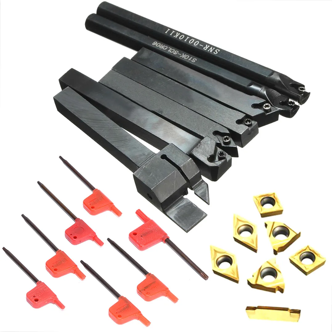 7pcs 10mm Tool Holder Boring Bar + 7pcs Golden Inserts with 7pcs Wrenches For Lathe Turning Tool