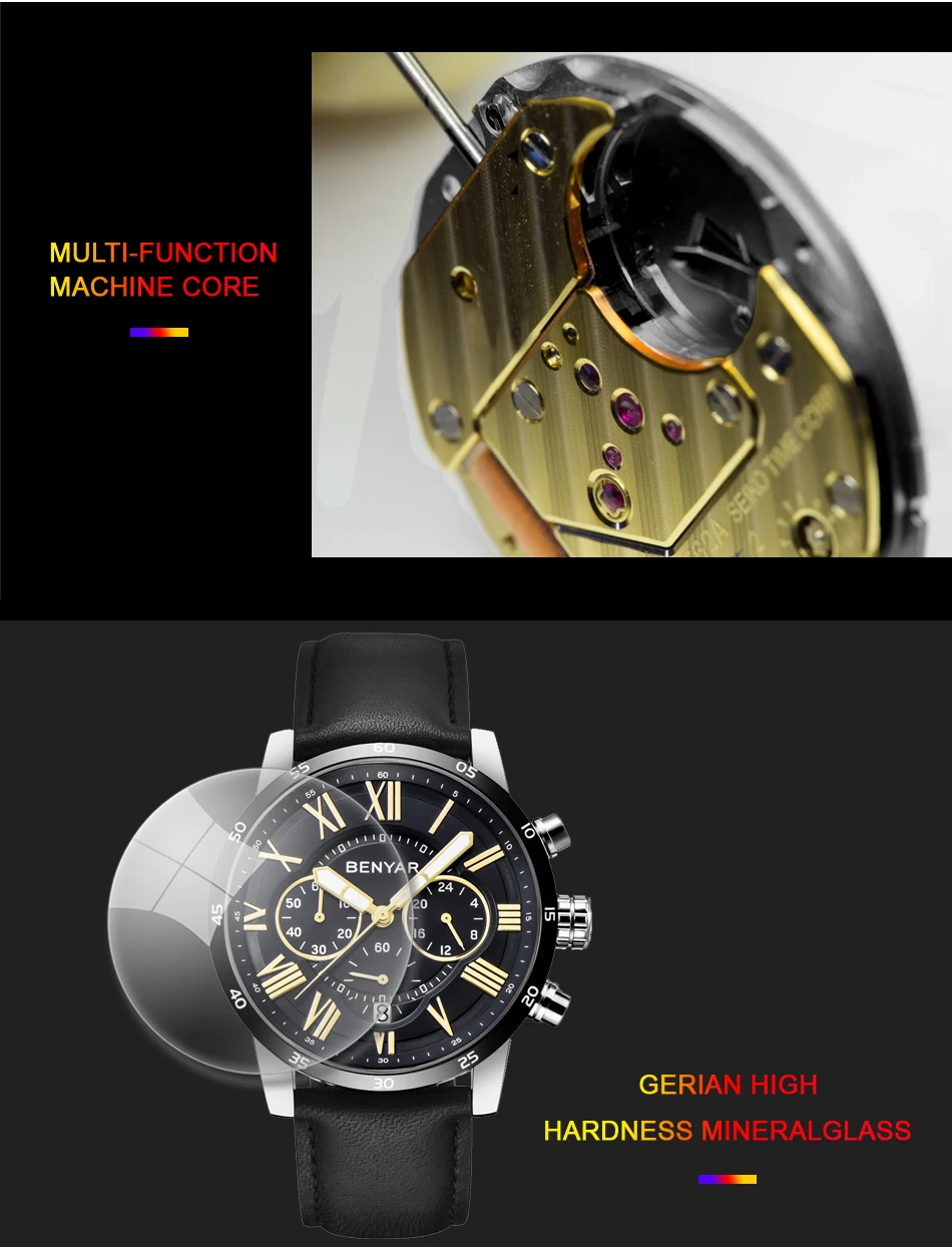 Benyar Мужские кварцевые часы с хронографом из нержавеющей стали и кожи, часы с римскими цифрами, наручные часы