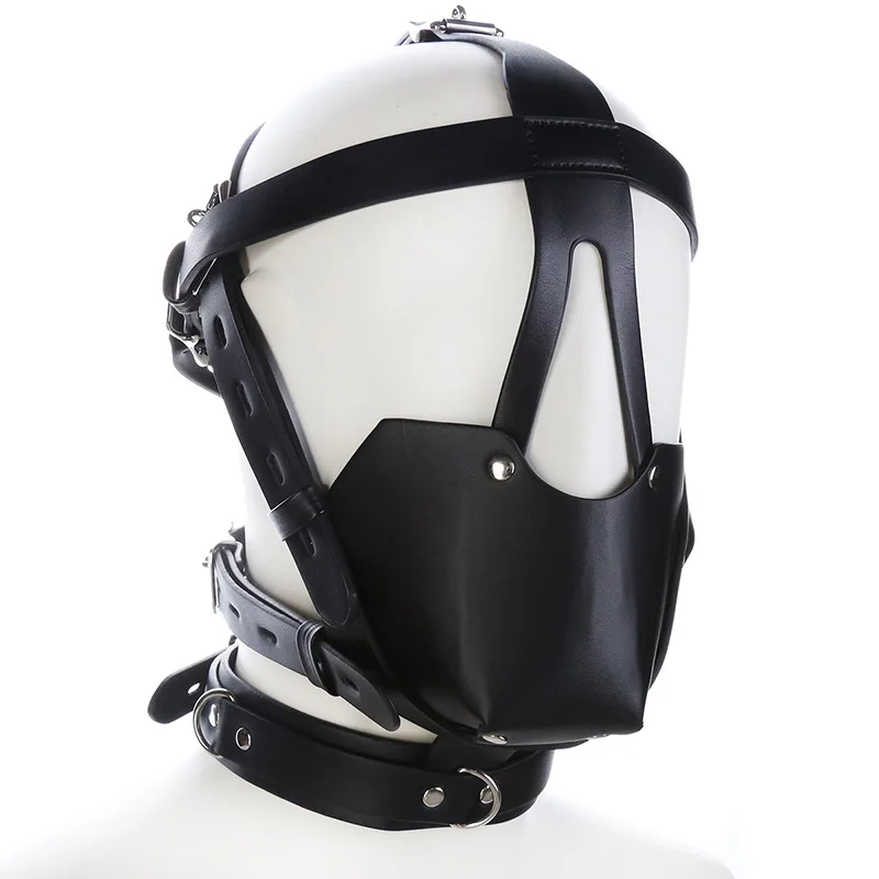 

Fetish Black Faux Leather Bondage Mask Adjustable Harness Strap Mask Sexy Open Eyes Hood Mask Erotic Night Clubwear For Couple