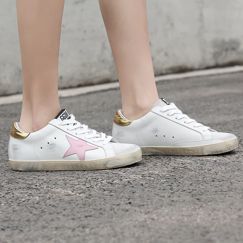 

2019 Spring New Distressed Sneakers Women Flats Retro Genuine Cow Leather Skateboard Shoes Loafers Casual Doing Old Golden Shoes