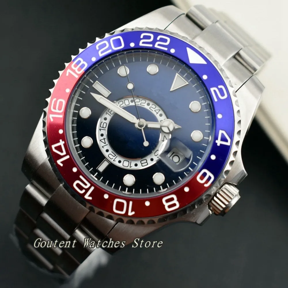 43 мм Bliger стерильные светящиеся титановые/Керамические Безель Черный и синий циферблат Автоматические Мужские часы