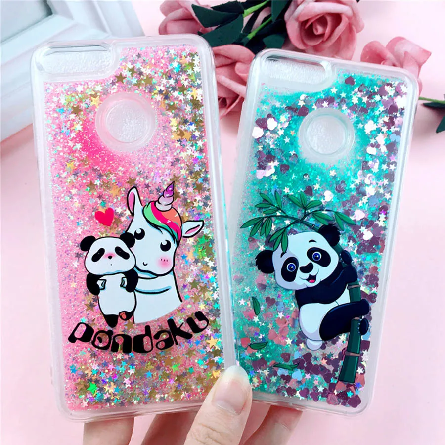 

PSmart Panda Liquid Case on for Coque Huawei P Smart Cover Glitter Dynamic Cartoon Phone Cases for Fundas Huawei Enjoy 7S Covers