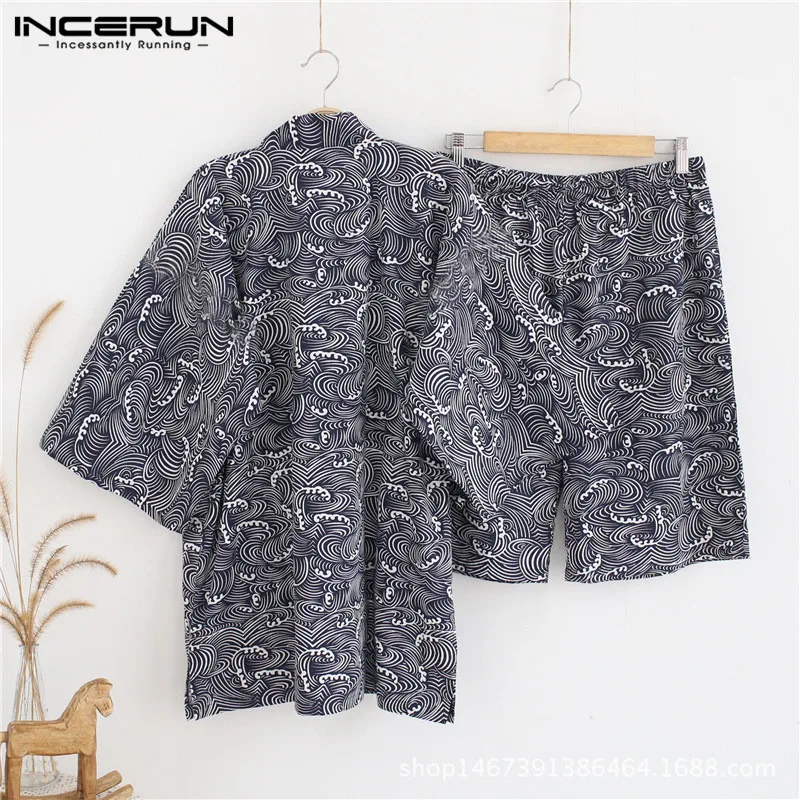 INCERUN пижамный комплект для мужчин с принтом японское кимоно удобные с короткими рукавами Топы Шорты Мужские комплекты для сна для отдыха Домашняя одежда