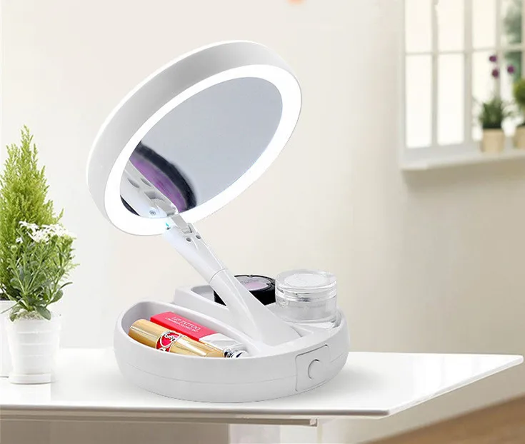 

2018 Hot Sale Espejos Portable Led Makeup Mirror Foldable Double-sided Rotating 10x Magnifying Cosmetics Storage Desktop Tools