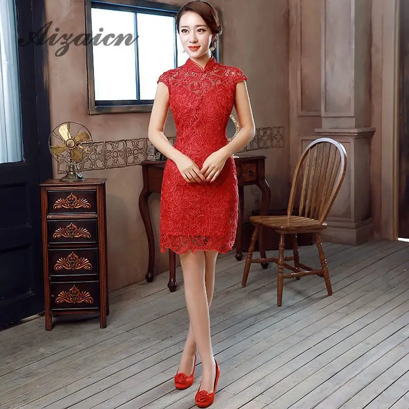 2018 Red Mini Cheongsam Lace Qipao Traditional Chinese Dresses China 