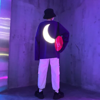 Фиолетовый Harajuku Для женщин 3м Reflective лунный свет принт, модная футболка с круглым вырезом и длинными рукавами, в стиле «хип-хоп»; зеленый; фиолетовый; Повседневная футболка футболки гриппов Размеры - Цвет: Фиолетовый