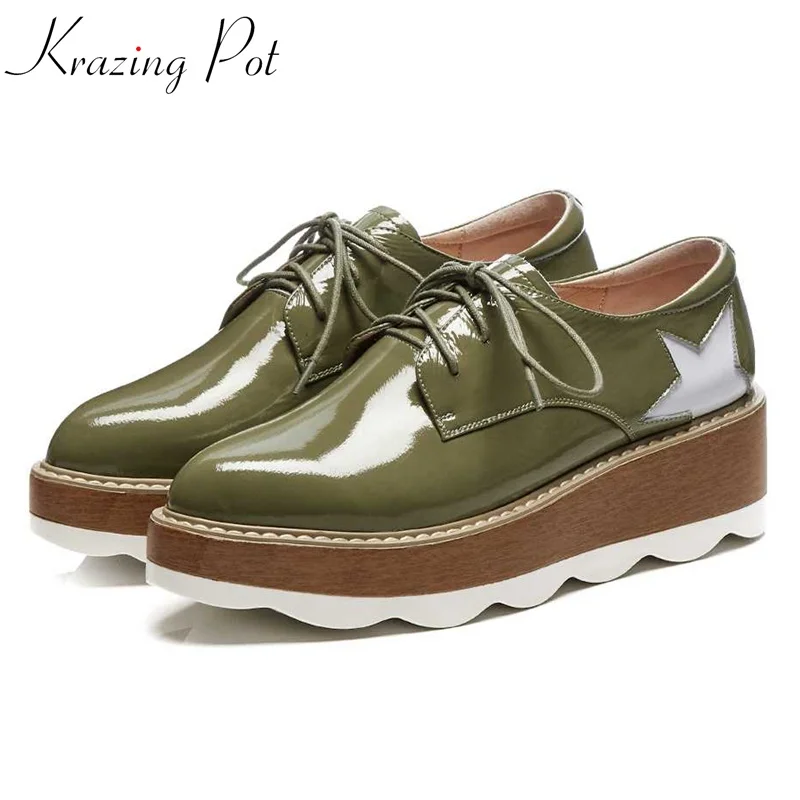 

Krazing Pot natural leather brand shoes pointed toe women pumps platform vintage British school preppy style waterproof shoe L12