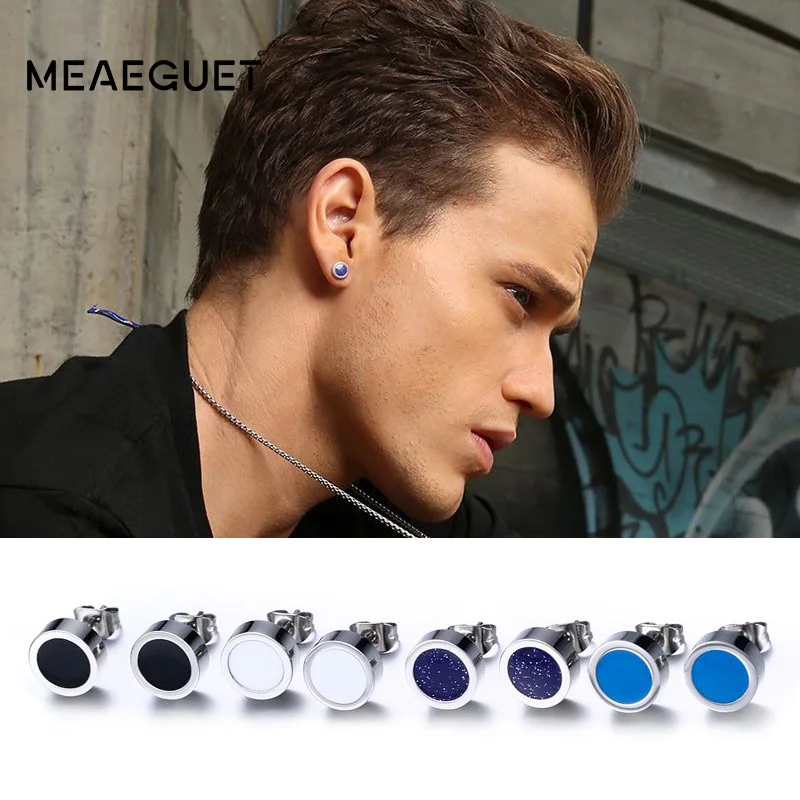 Meaeguet, трендовые стильные мужские маленькие серьги-гвоздики, круглые серьги из нержавеющей стали для женщин и мужчин, вечерние серьги с эмалью, ювелирные изделия