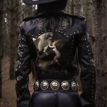 Винтажная металлическая печать заклепки 3D Питер Пэн воротник мото велосипед панк Рок темный металл черный готический pu кожаный жакет