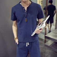 Футболки шорты размера плюс M-9XL летняя брендовая мужская футболка светильник дышащий Повседневный пляжный комплект льняная футболка костюм Мужская мода