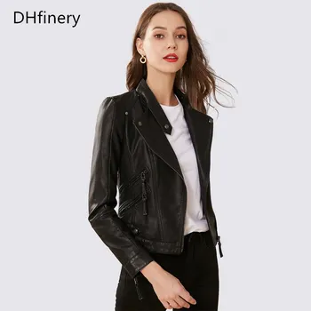 

DHfinery Spring Women Faux Leather Jacket short motorcycle leather jackets ladies black leather jacket plus size s-2XL BD903