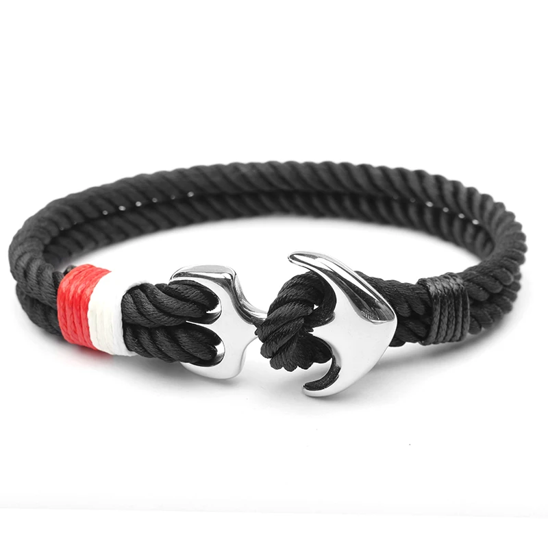 Stainless Steel New Fashion Sliver Bracelets Men Charm Nylon Rope Chain Bracelet Anchor Jewelry Male Wrap Metal Sport Hooks | Украшения и