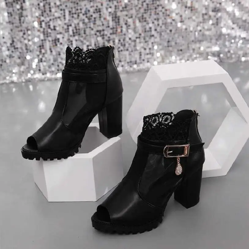 

2019 New Large size women's shoe Hollow Lace mesh Rome high heels Sexy Women High Heels single shoes fish mouth sandals