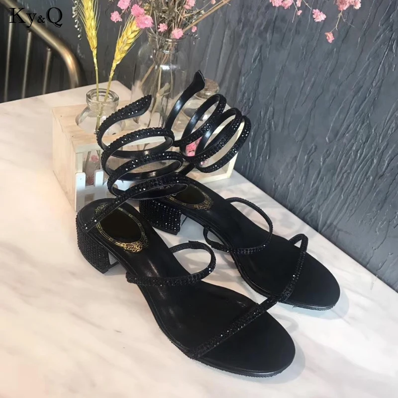 

Summer New 2019 Ladies Fashion Round Head Comfortable Rhinestone Thick Snake-shaped Casual Winding Wild Mid Heel Sandals 3-5cm