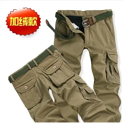 Мужские брюки карго Теплые Мешковатые армейские брюки хлопковые брюки для мужчин мужские военные камуфляжные тактические брюки - Цвет: Khaki with fleece