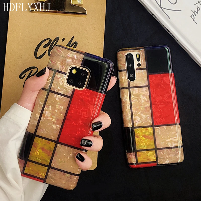

HDFLYXHJ For Huawei P30 P20 Pro Mate 10 20 Retro Geometry Splice Phone Case For Huawei Nova 3 4 Fashion Conch Shell Soft Cover