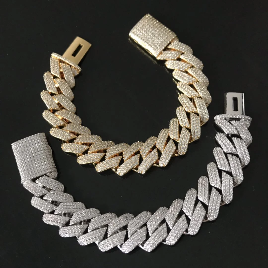 3 rows cz stones prong cuban link bracelet